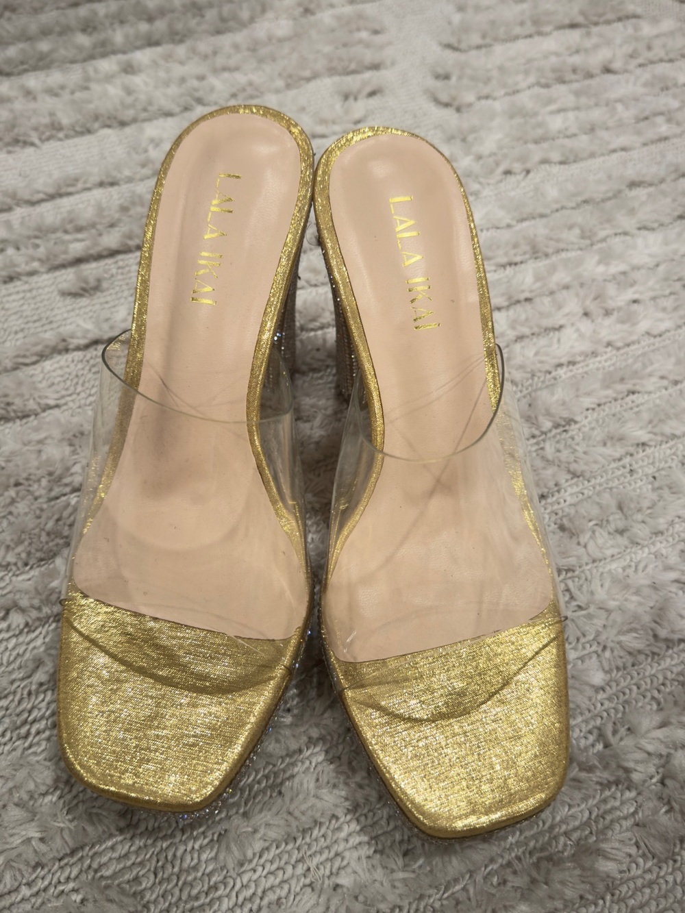 Lala Ikai Gold Metallic Slide Mules with Clear Strap